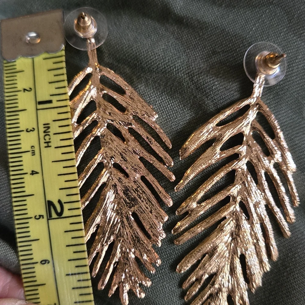 Gold Leaf Earrings 3"×1" - Picture 5 of 7